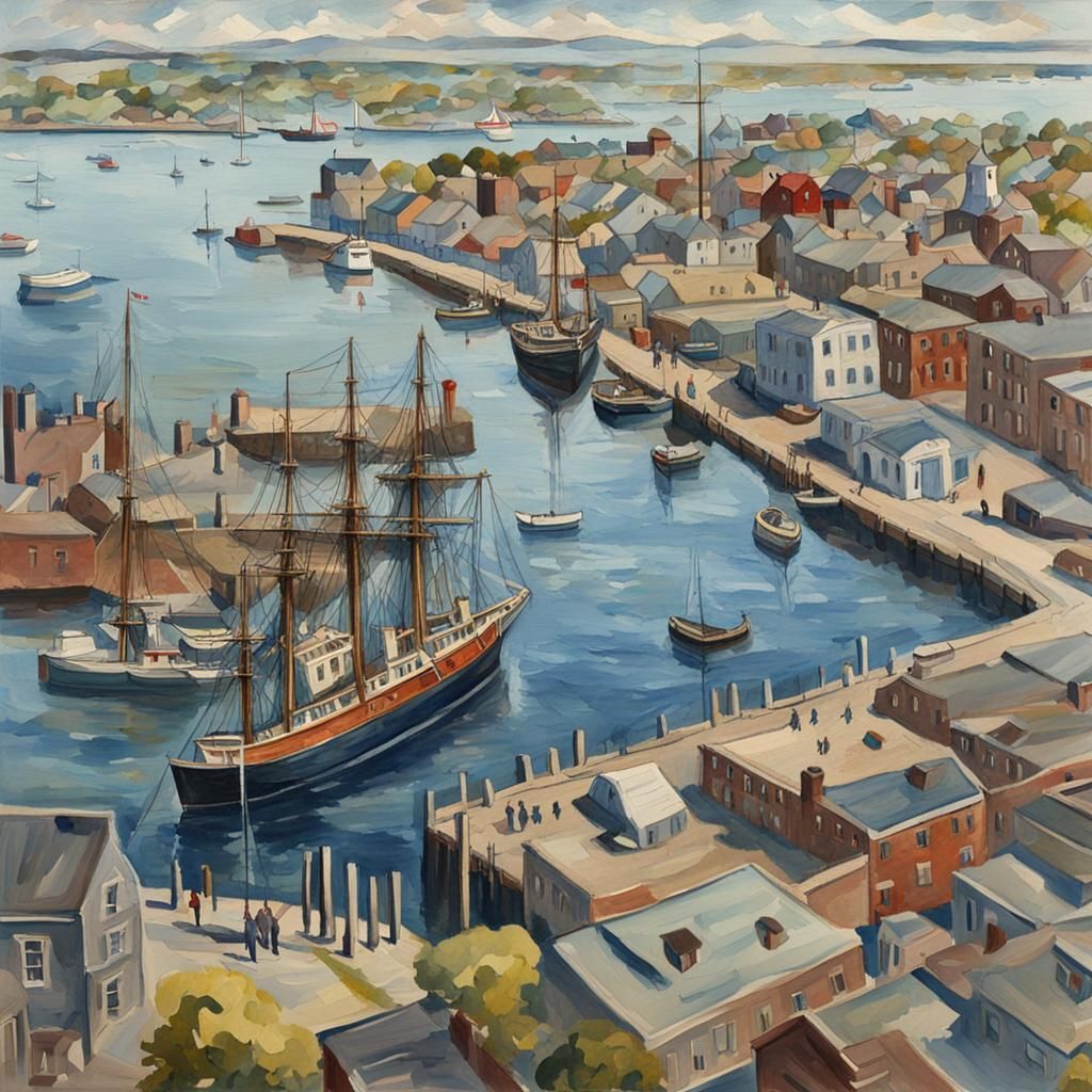 New Bedford Harbor, 1800s, Gouache Style Impressionism