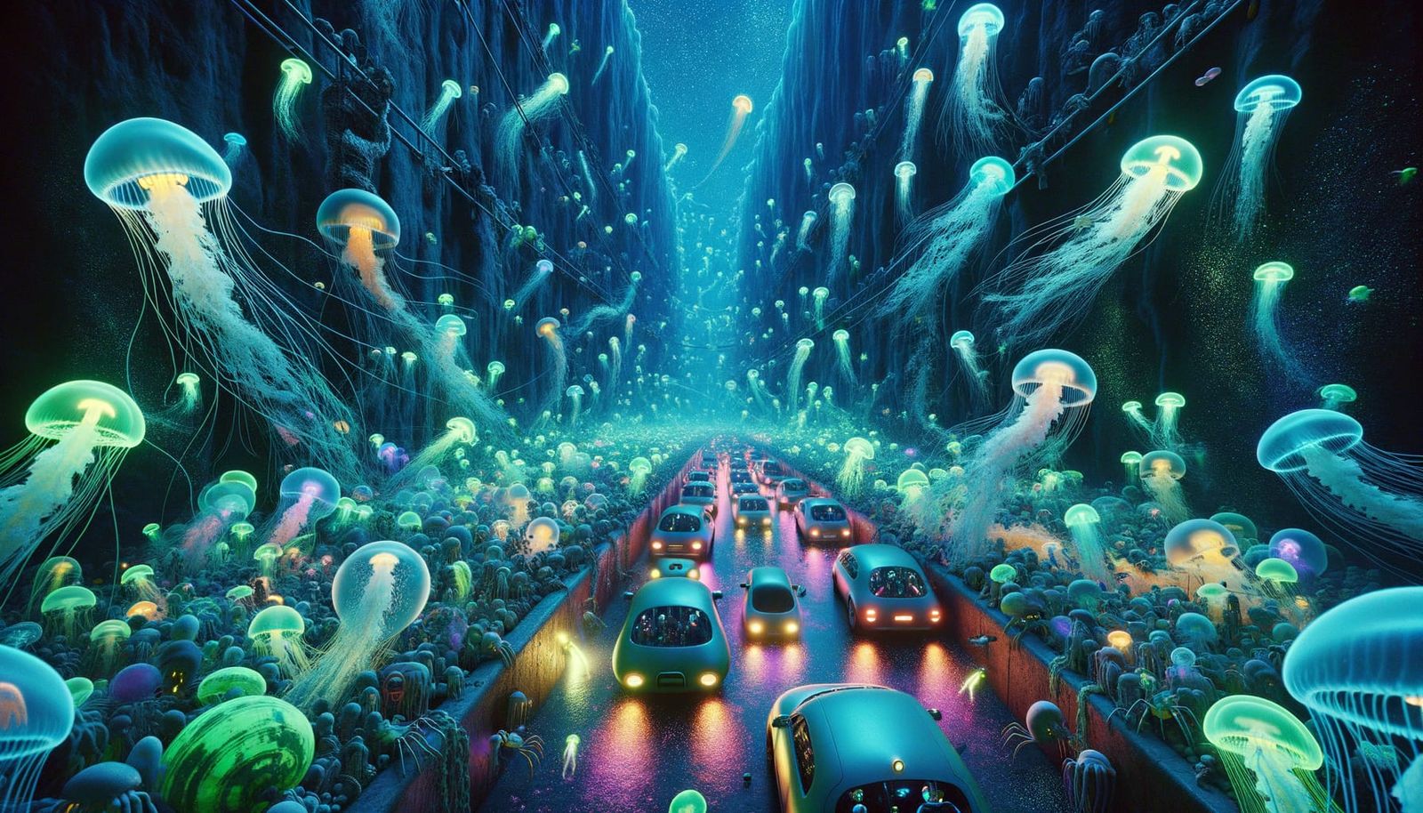 Neon Jellyfish Traffic Jam in Midnight Trench