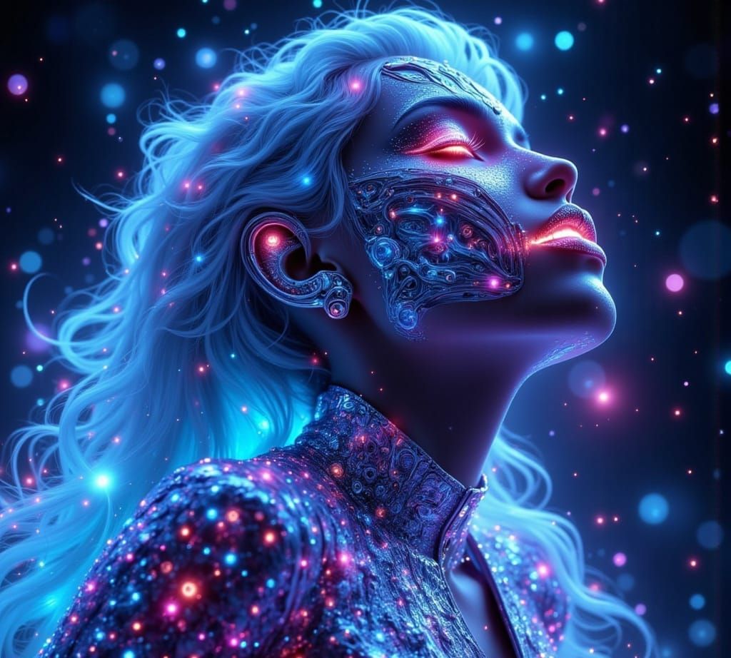 Woman in Silver Tuxedo with Blue Glowing Eyes in Outer Space