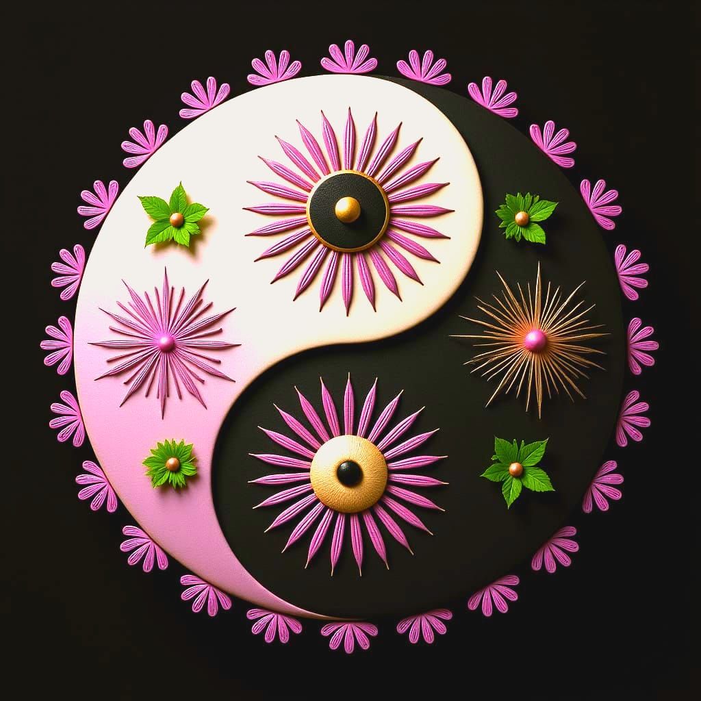 Photorealistic Yin Yang Symbol with Botanical Elements