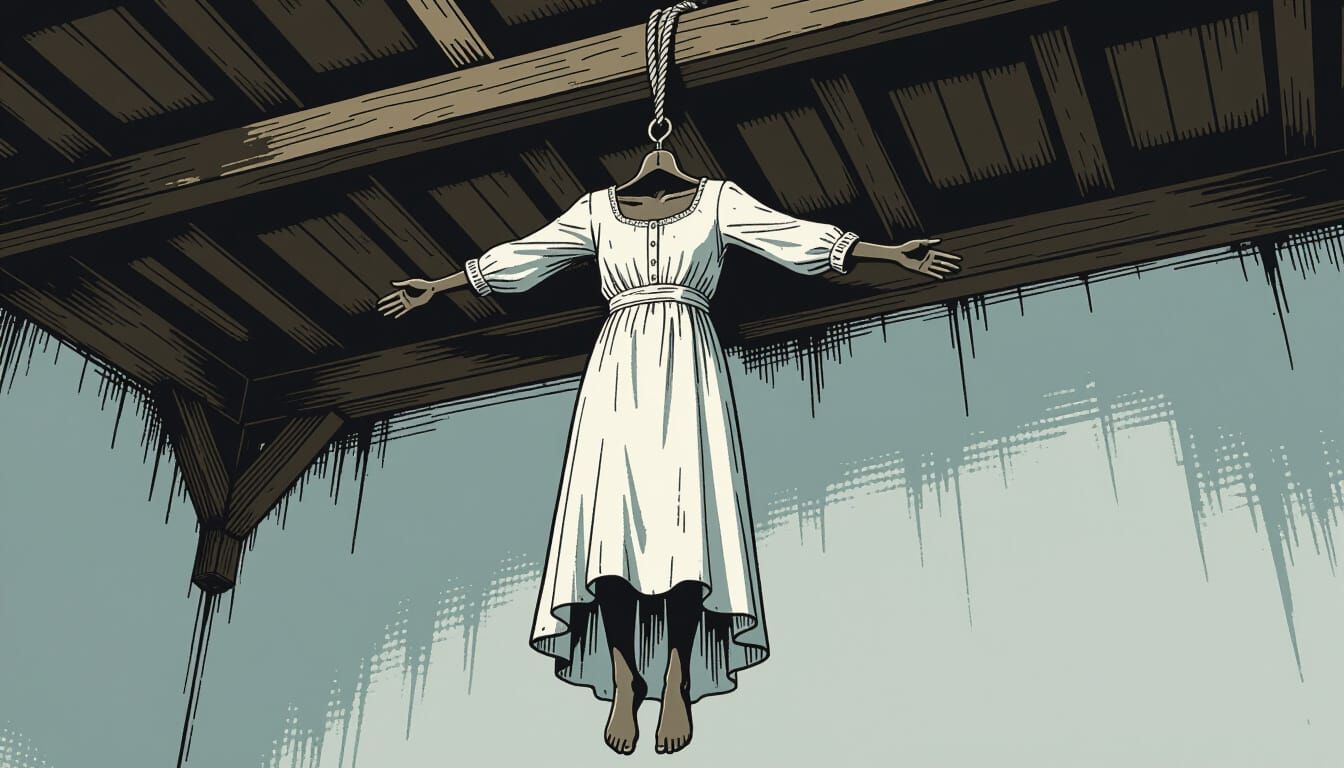 Ghostly White Dress Suspended from Beam in Chiaroscuro Style