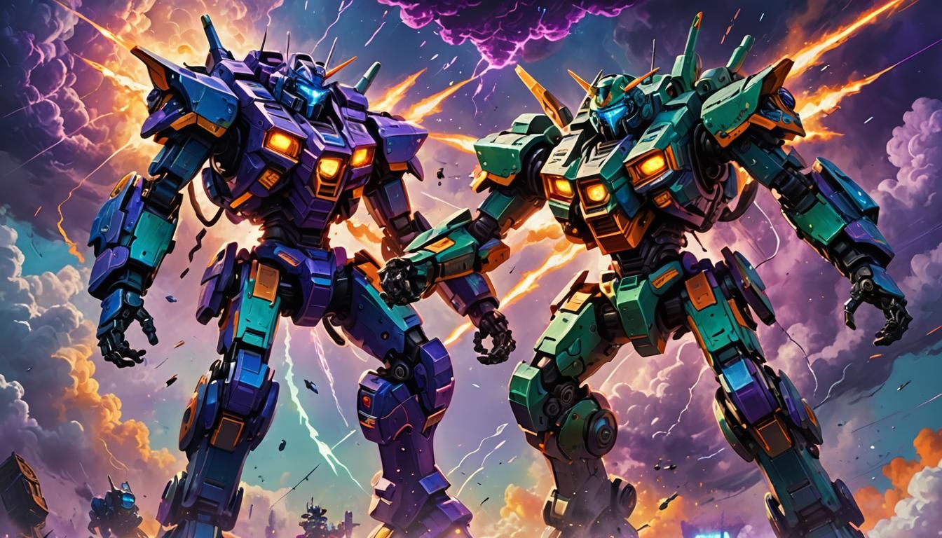 Epic Mecha Battle: Aerial Assault in Fantasy Style