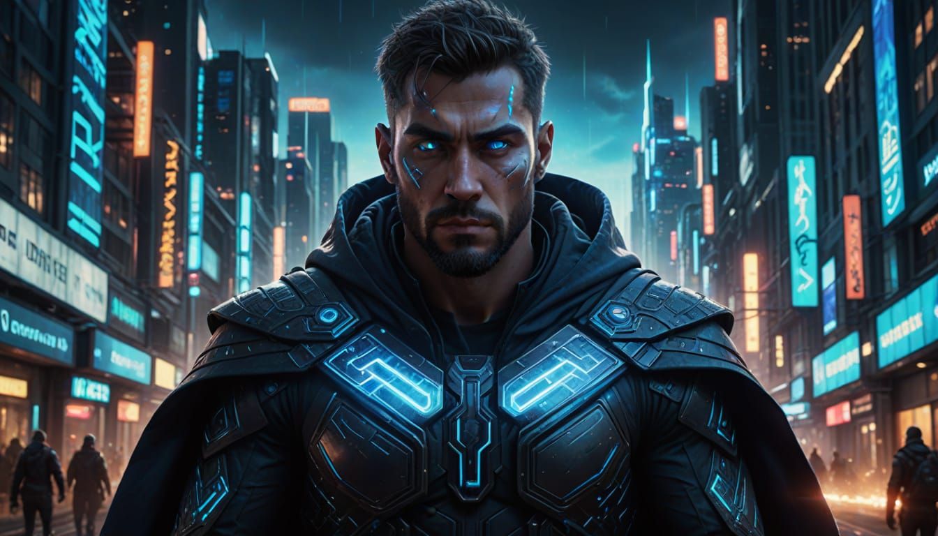 Hyper-Realistic Mystic Man in Futuristic Cityscape