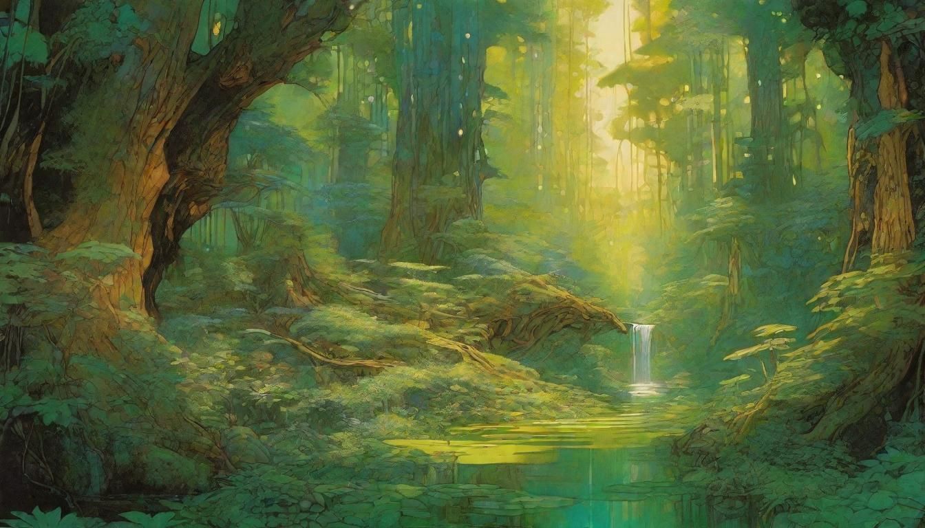 art by Yoshitaka Amano, Alphonse Mucha, and Syd Mead. A lush forest featuring Amano's mythical creatures and towering tr...