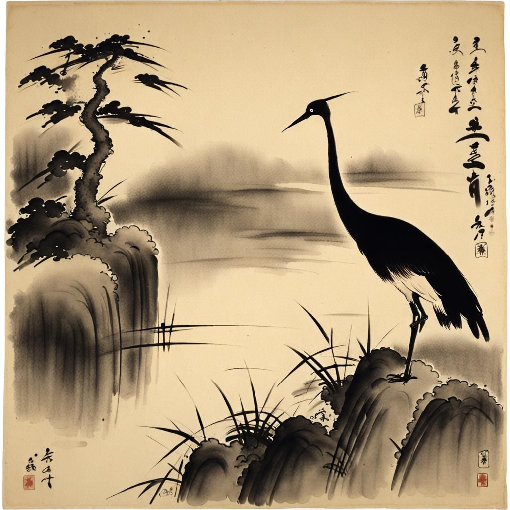 Monk and Crane in Sumi-e Ink Painting
