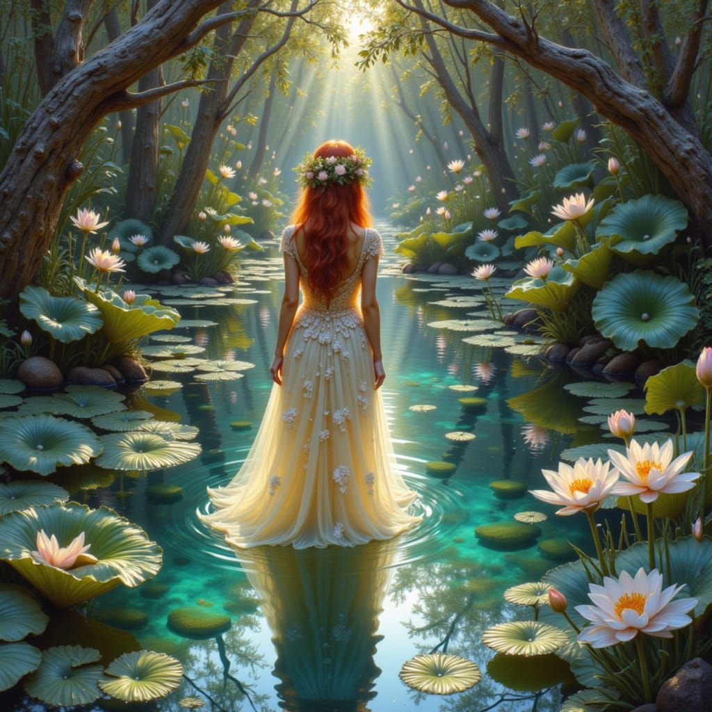 Red-Haired Girl on Lily Pad, Pre-Raphaelite Style