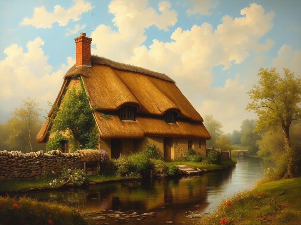 Rustic River Farmhouse in Renaissance Oil Painting Style