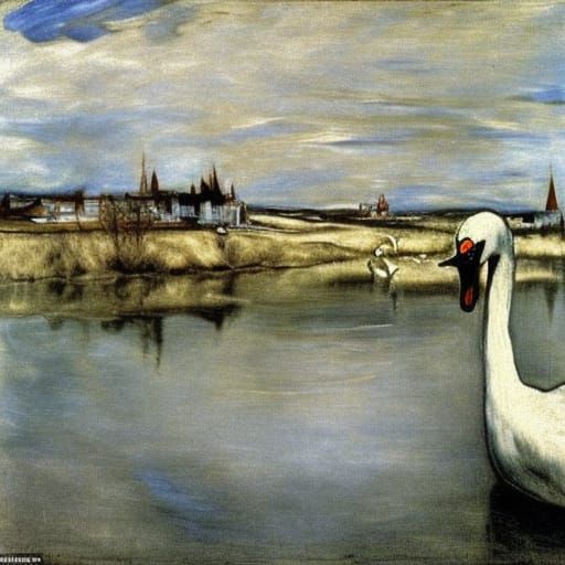 Surreal Swans in Abandoned Village, Cubist Style