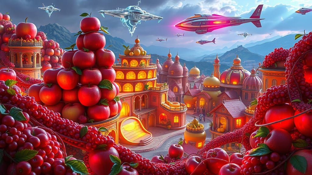 Surreal Cityscape of Glowing Fruits and Futuristic Architect...