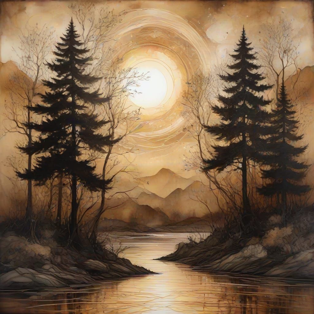 Ethereal Medieval Landscape in Sepia and Bold Lighting