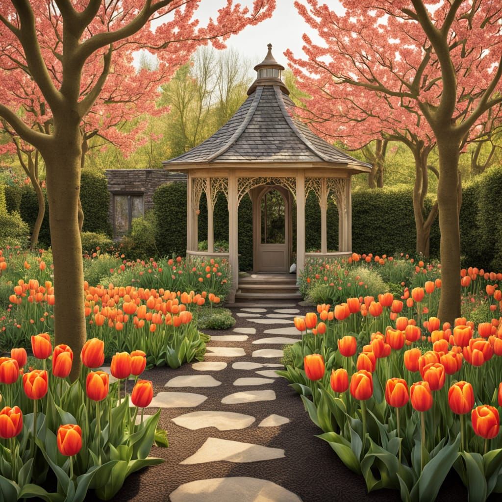 Whimsical Spring Garden Scene in Vibrant Colors