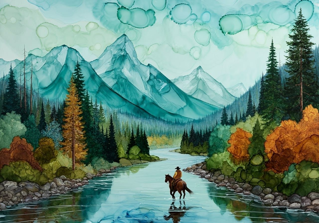 Realistic Landscape of River Valley and Snow-Capped Peaks in...