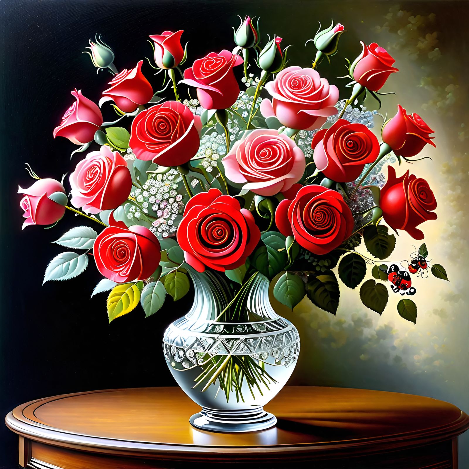 vase of roses and mother's breath flowers in a beautiful crystal vase, style of  John Constable, lady bug sits on a leaf...