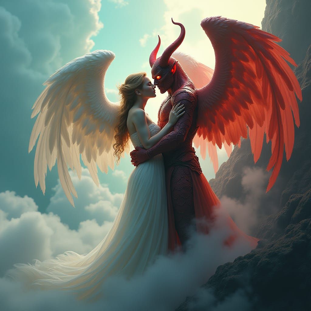 Angelic Devil Embrace in Surreal Landscape