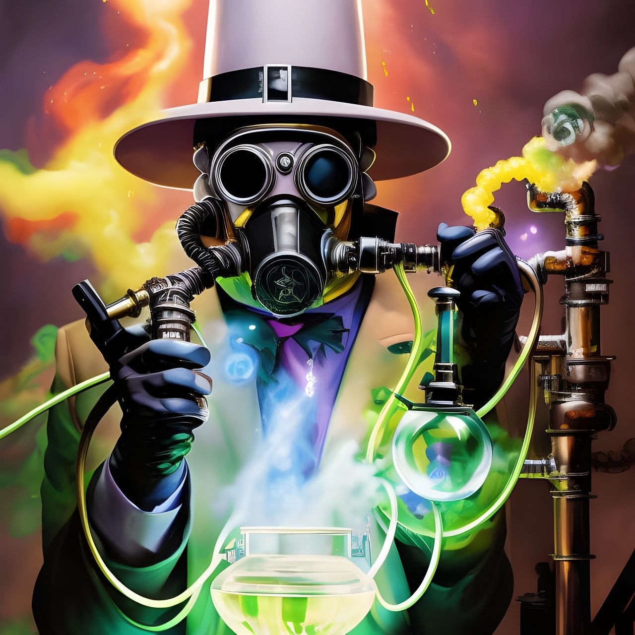 Steampunk Alchemist in Lab with Toxic Gas Mask