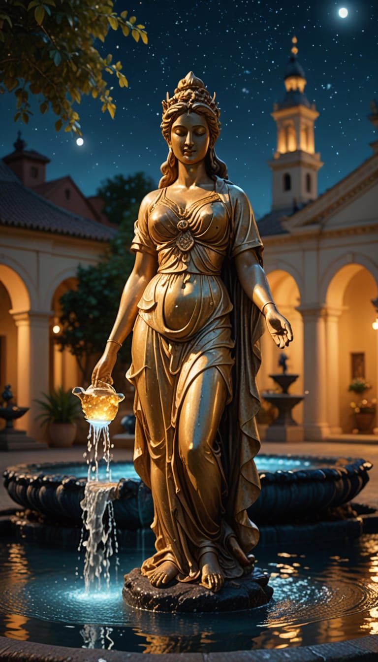 Glowing Goddess Fountain in Moonlit Courtyard