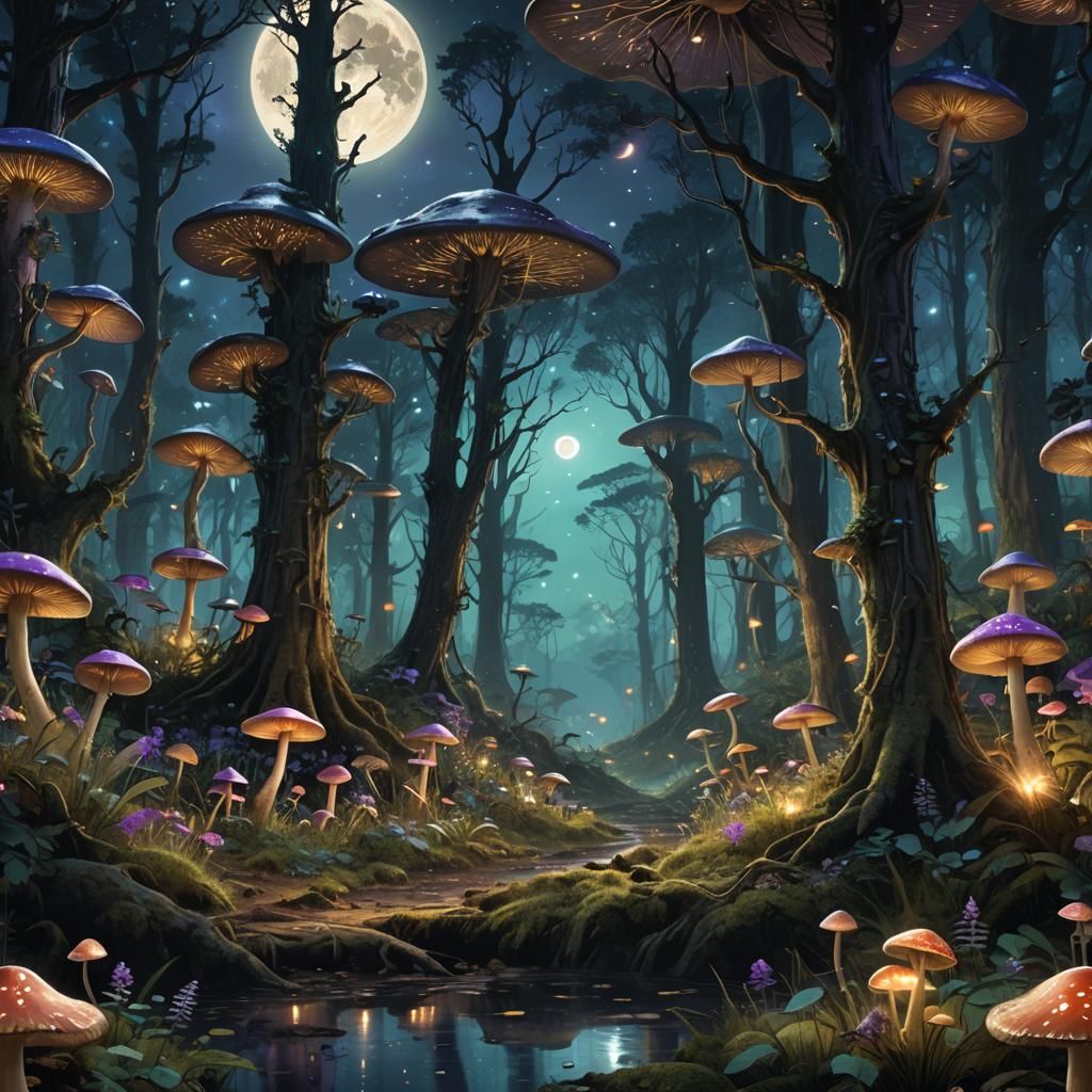 Moonlit Fantasy Woodland with Glowing Mushrooms