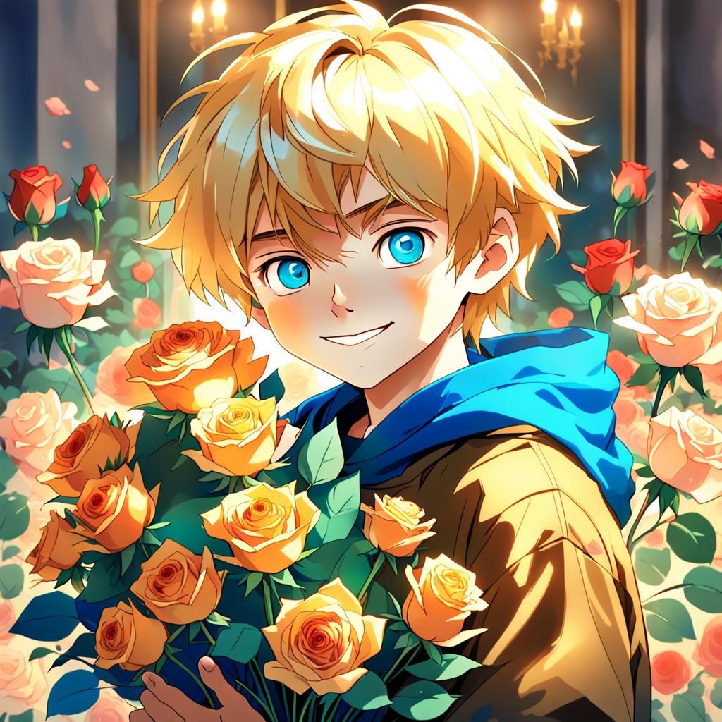Vibrant Anime Portrait of Smiling Boy with Roses