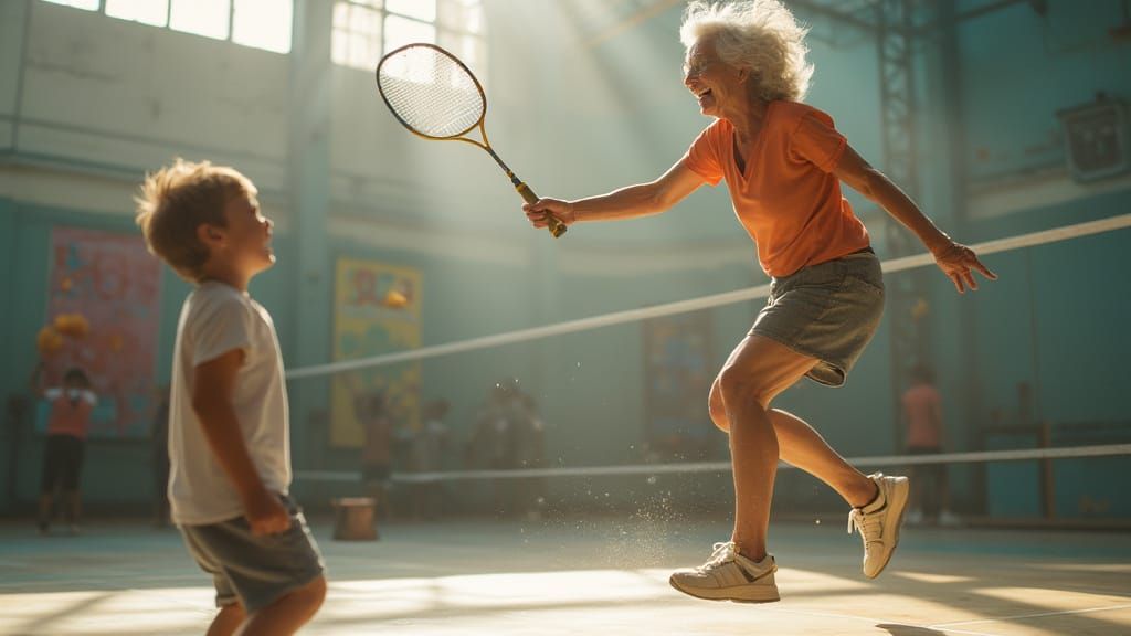 Joyful Senior Woman Playing Badminton in Gym