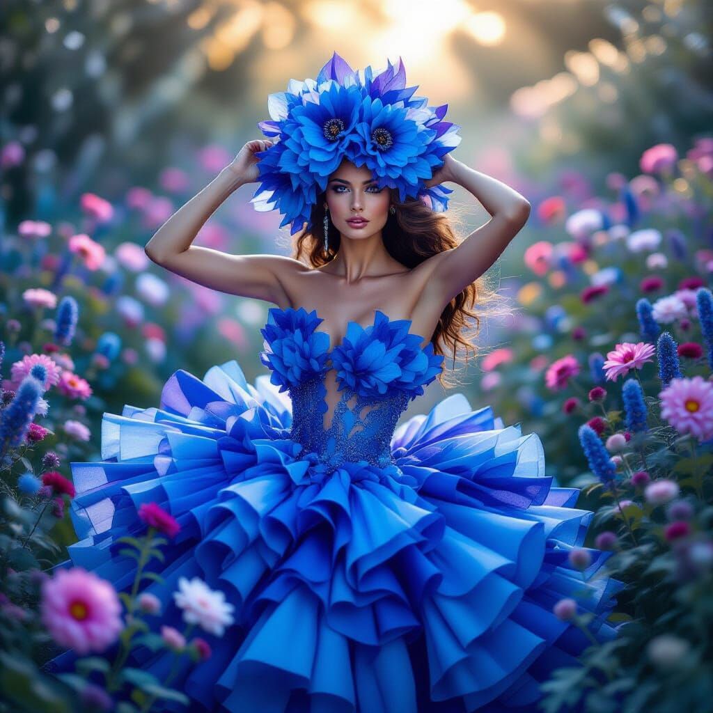 A hyper-creative, surreal image capturing the essence of nature’s beauty—featuring a graceful woman made entirely from v...