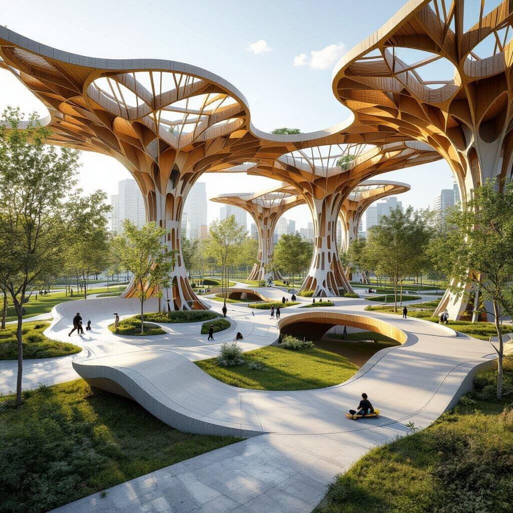 Futuristic Urban Park with Elevated Skate Track
