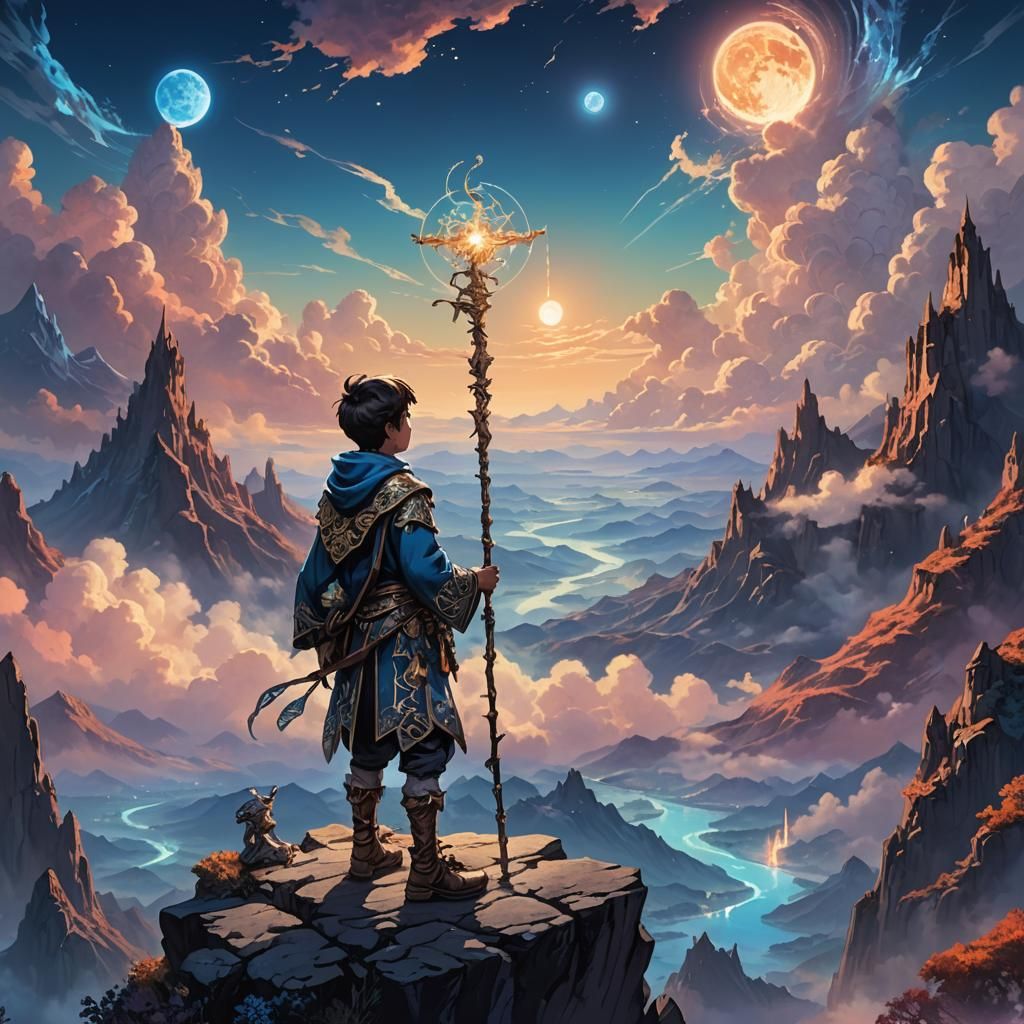 Fantasy Boy with Magical Staff and Luminescent Creature