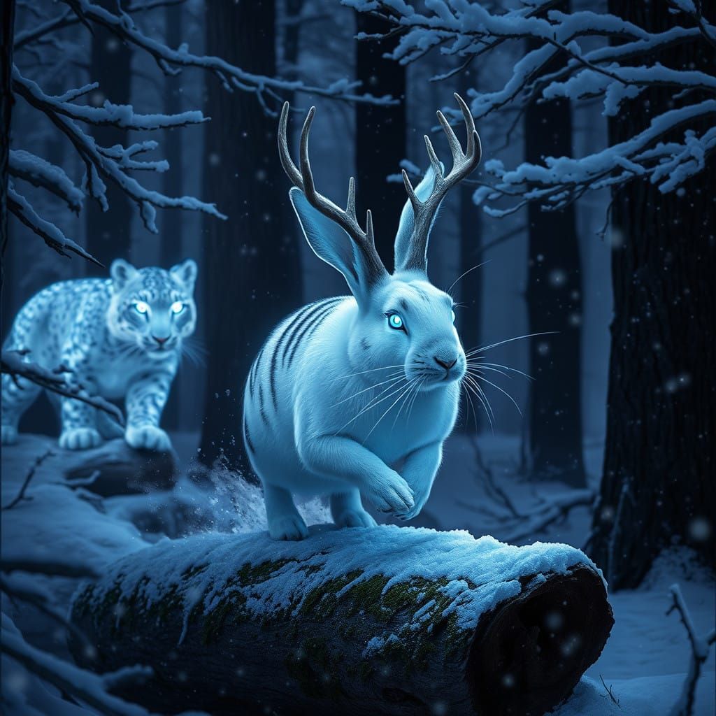 Ethereal White Rabbit in Frosty Forest as Snow Leopard Creep...