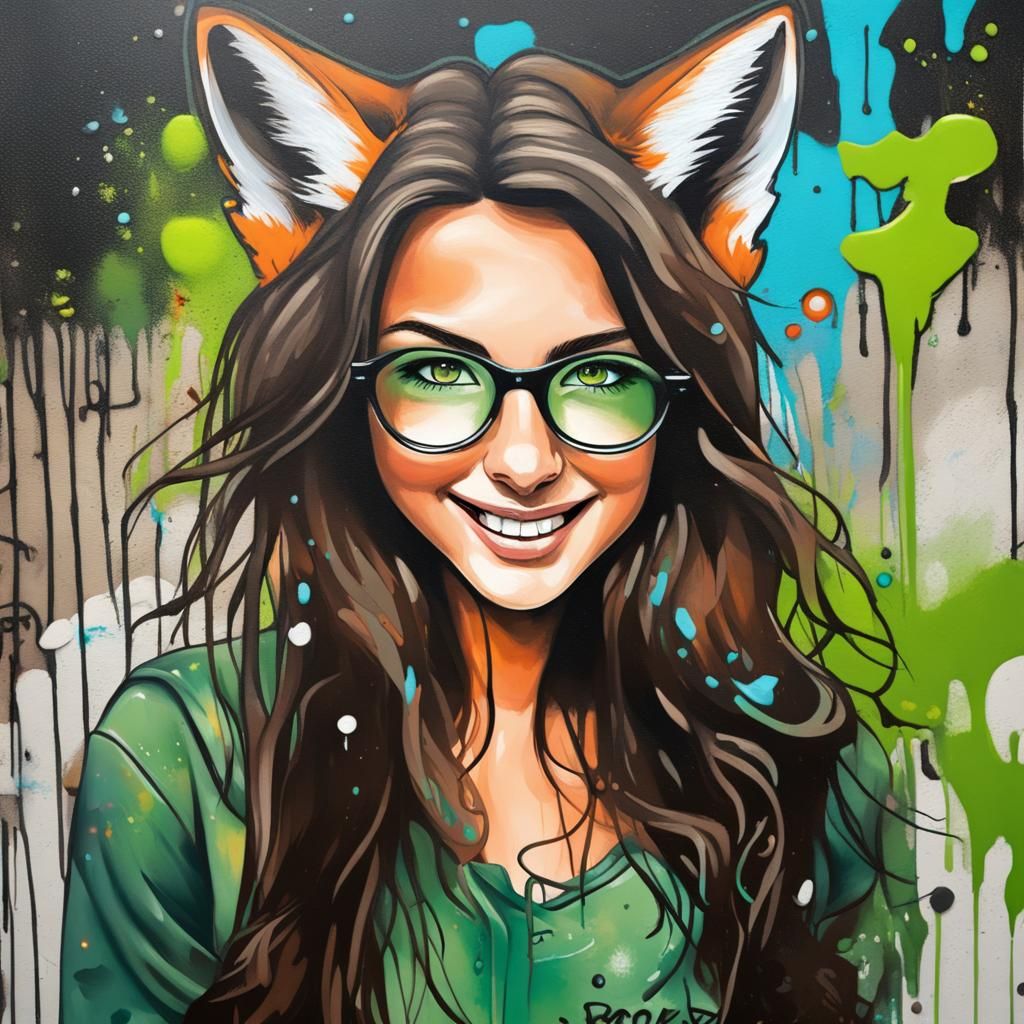 Dreamy Woman with Fox in Graffiti Street Art