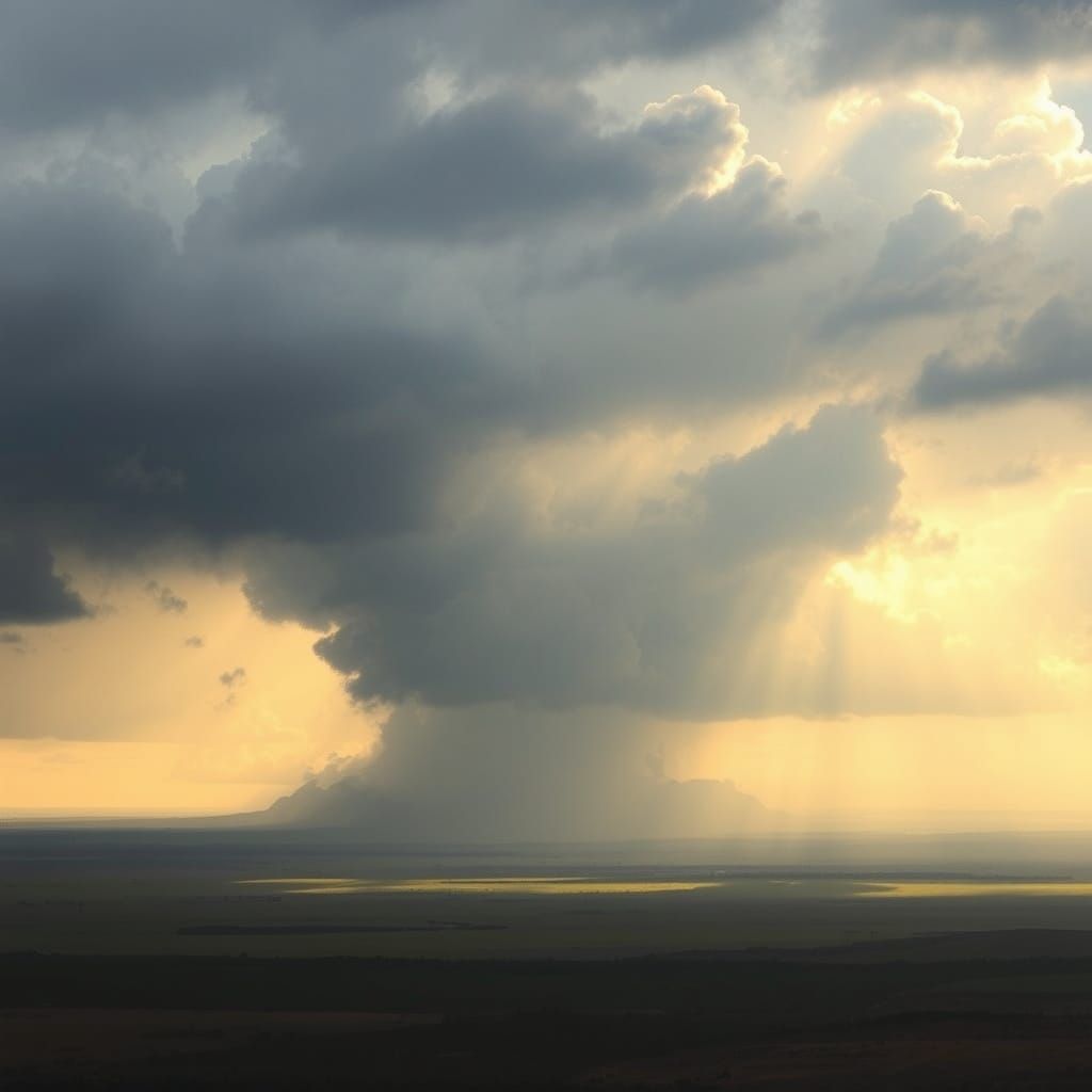Dramatic Storm Over Serene Plain, Ethereal Landscape