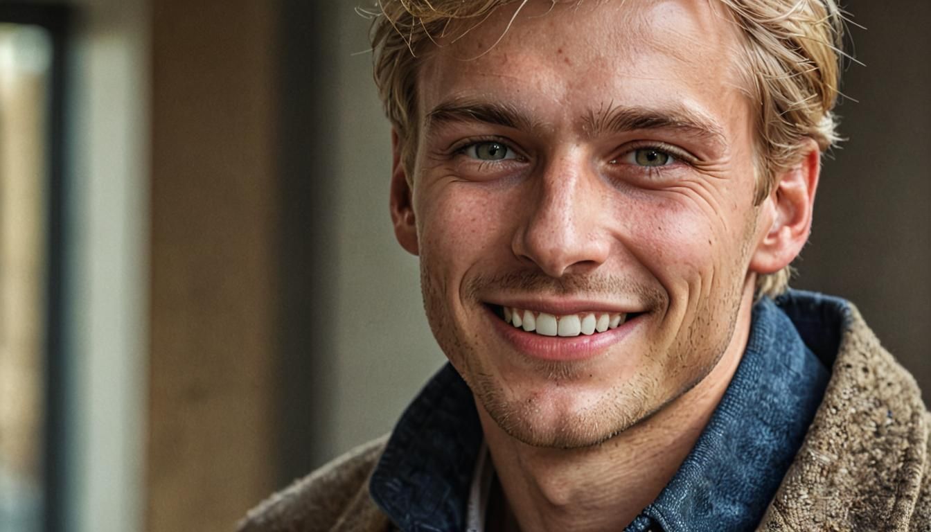 Smiling Blonde Male Model in Hyperrealistic Film Noir Style