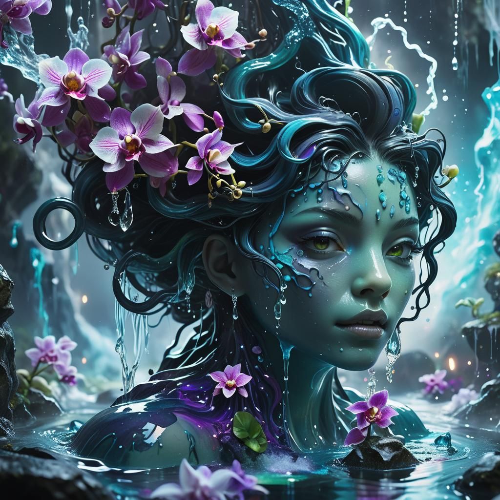 Water Elemental in Liquid World, Neon Ink Splatter Art