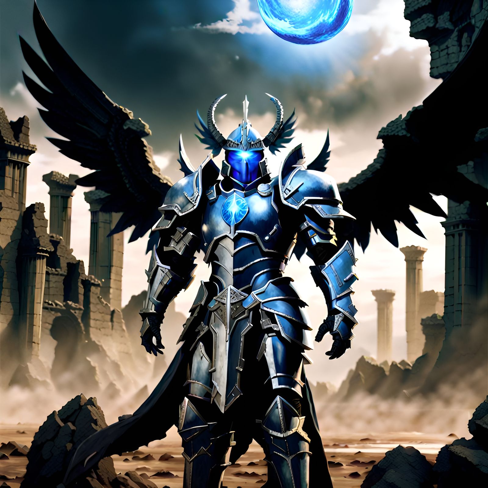 Armored Warrior with Wings in Desolate Landscape