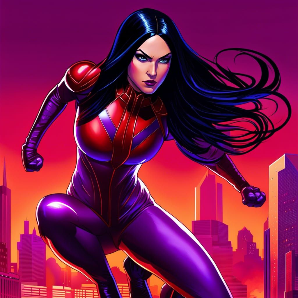 Fierce Superhero Woman Levitating with Purple Electricity