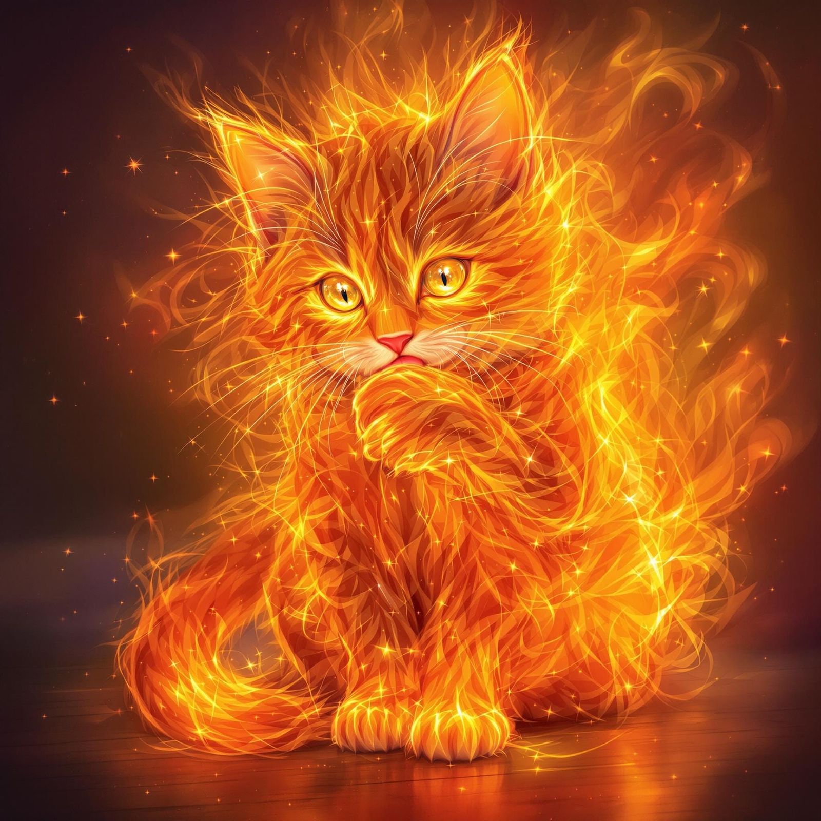 Fiery Kitten Licking Paw: Digital Art