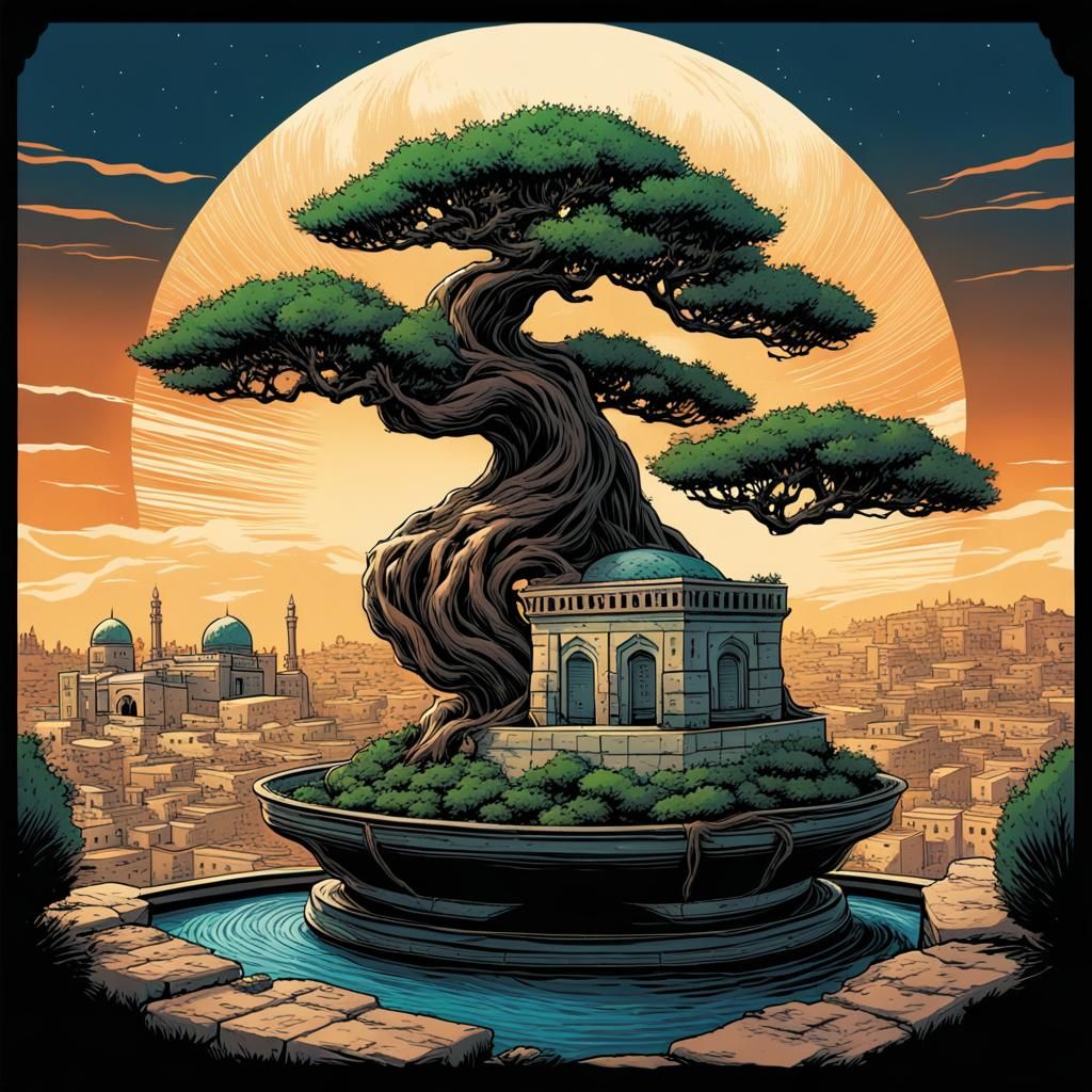 Bonsai Al-Aqsa View in Comic Book Art Style