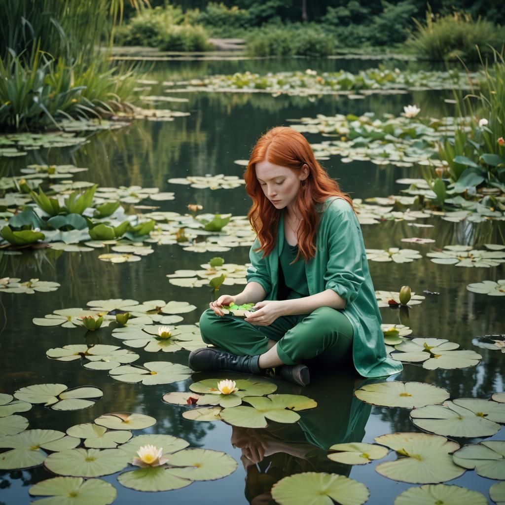 Woman with Puzzle Pieces by Pond: Naturalistic Photo