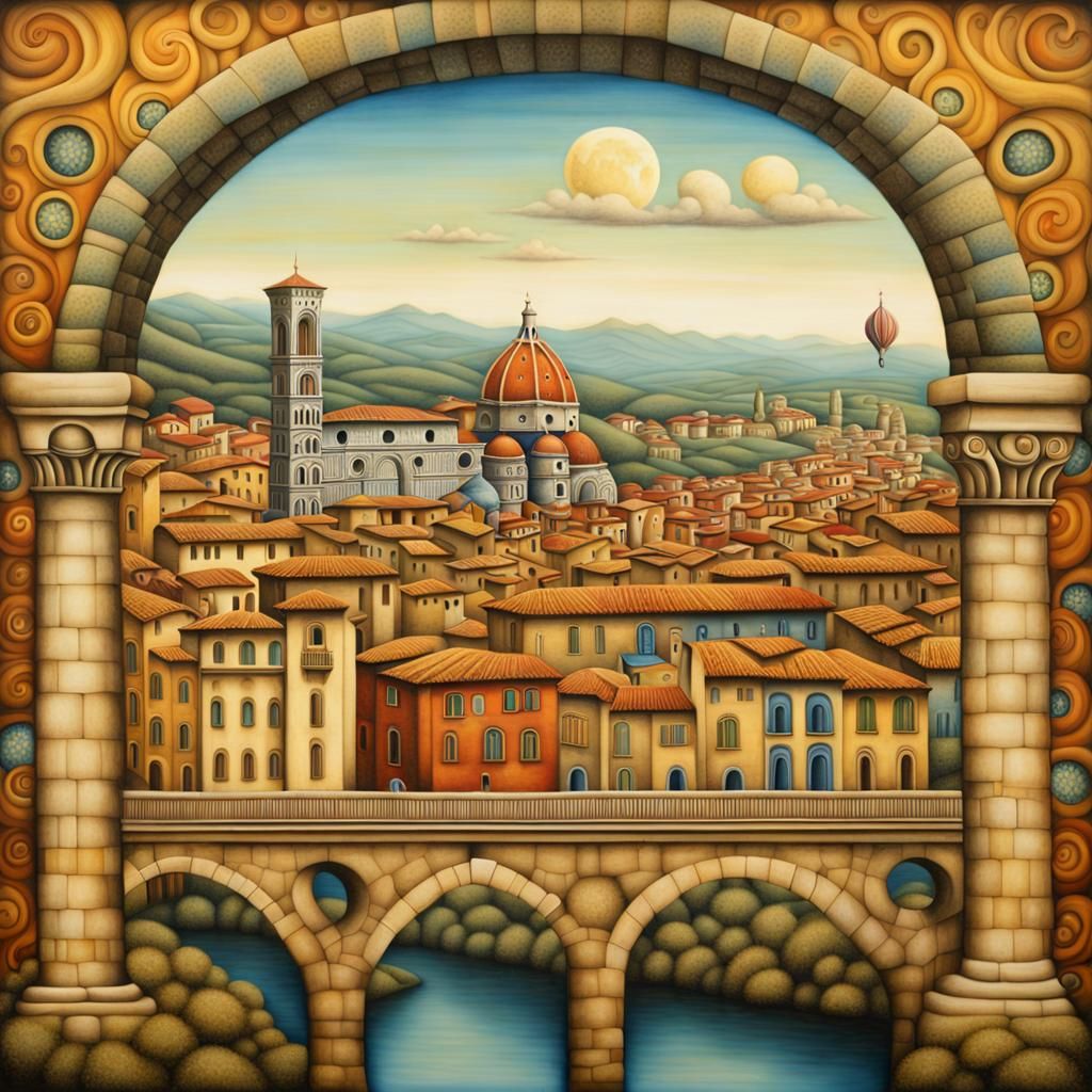 Whimsical Florence Painting with Colorful Buildings