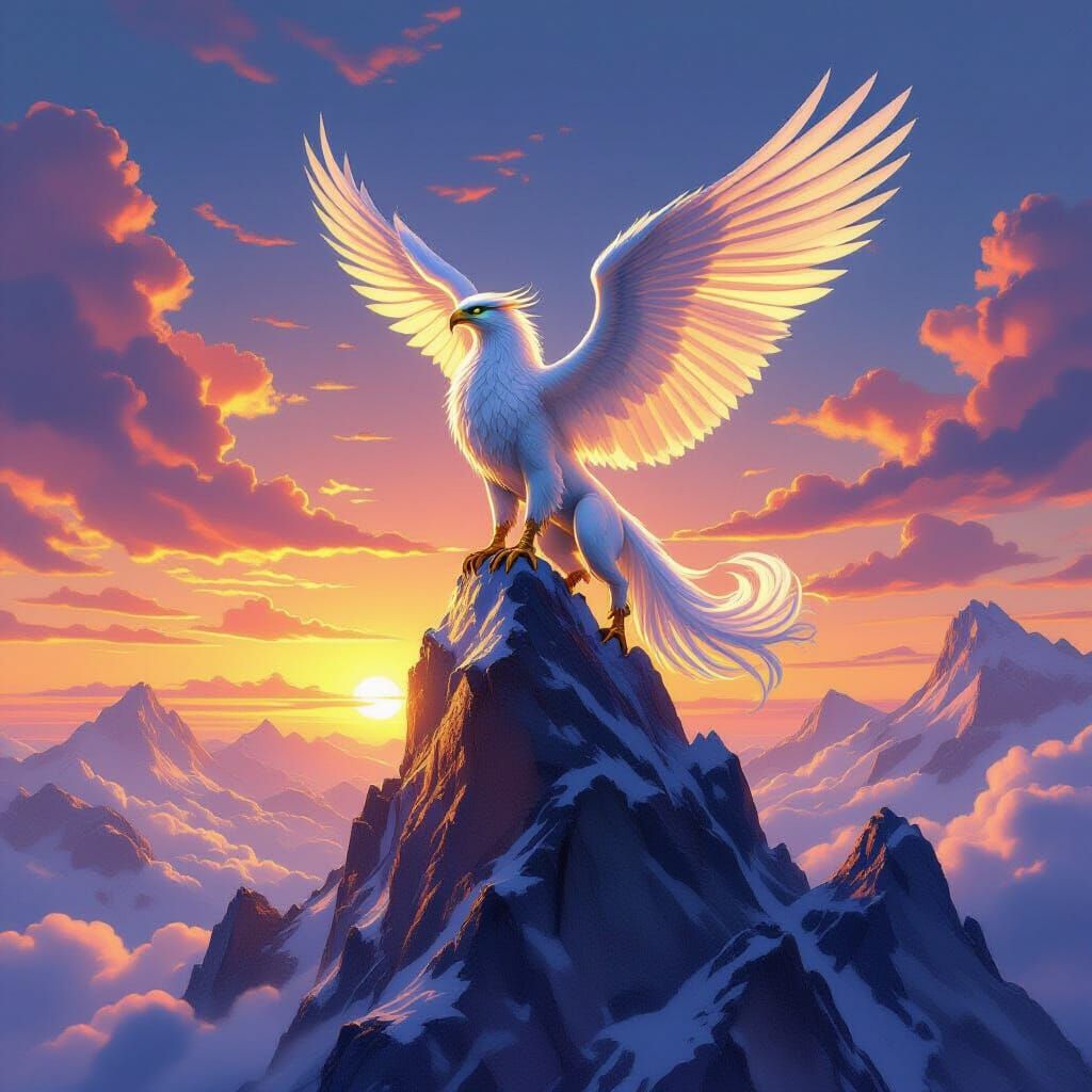 Majestic Griffin on Crystal Peak at Dawn, Fantasy Illustrati...