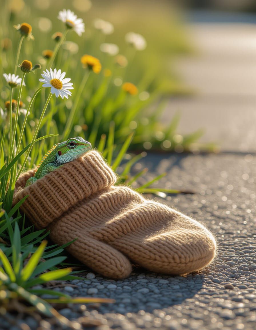 Baby Anole Lizard Peeking from Mitten in Vintage Photo