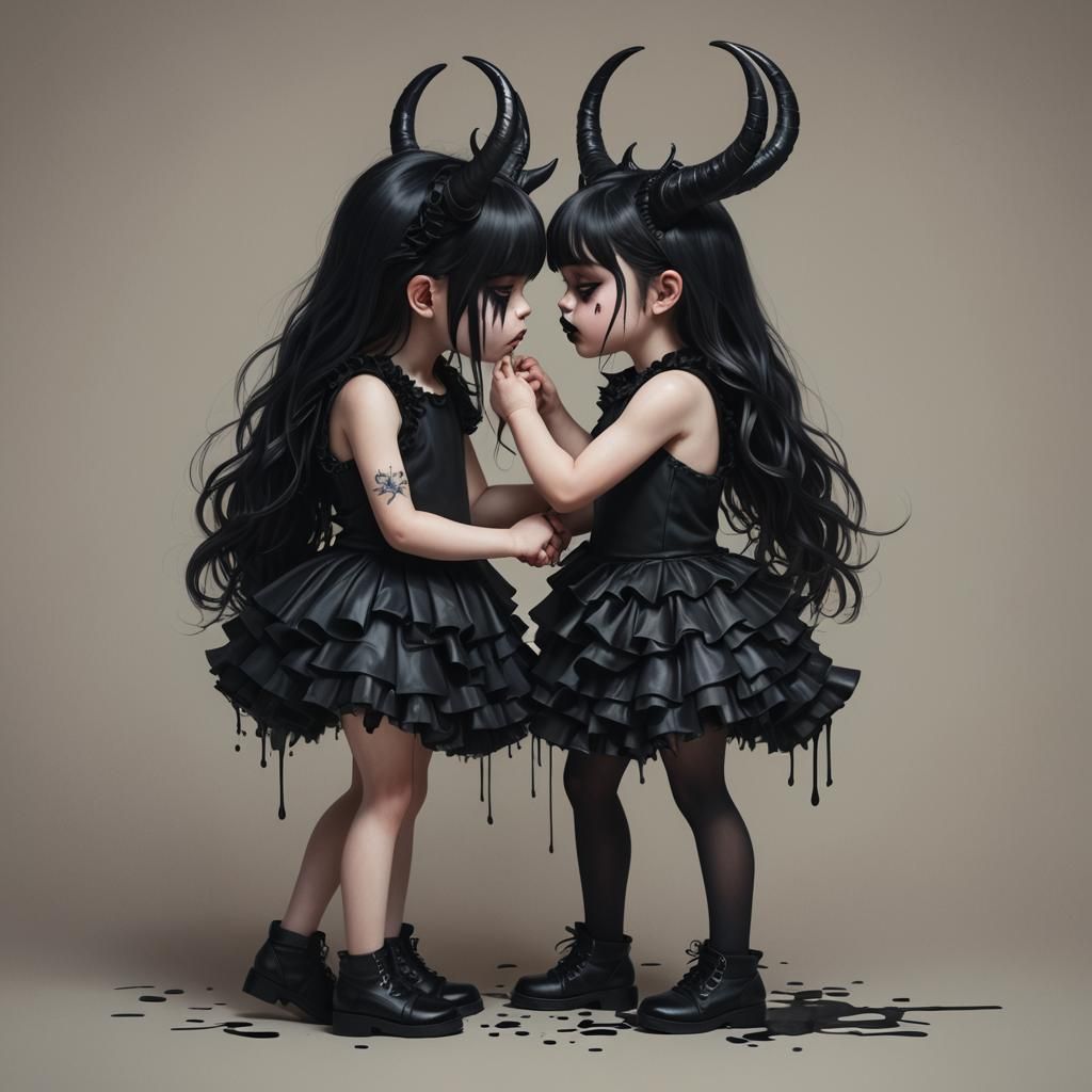 Two Horned Girls Passionately Kissing: Hyperrealistic Splash...