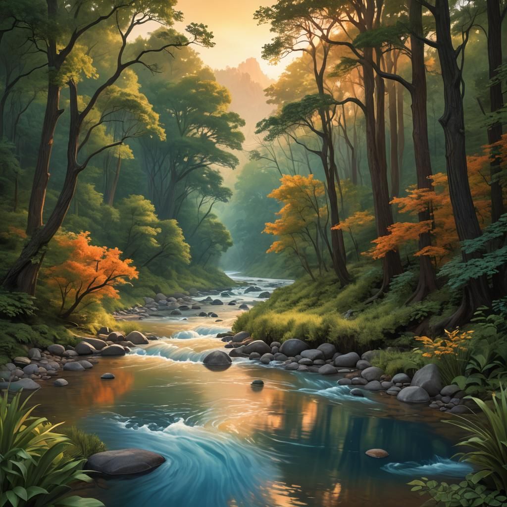 Mystical Forest River in Digital Matte Painting Style