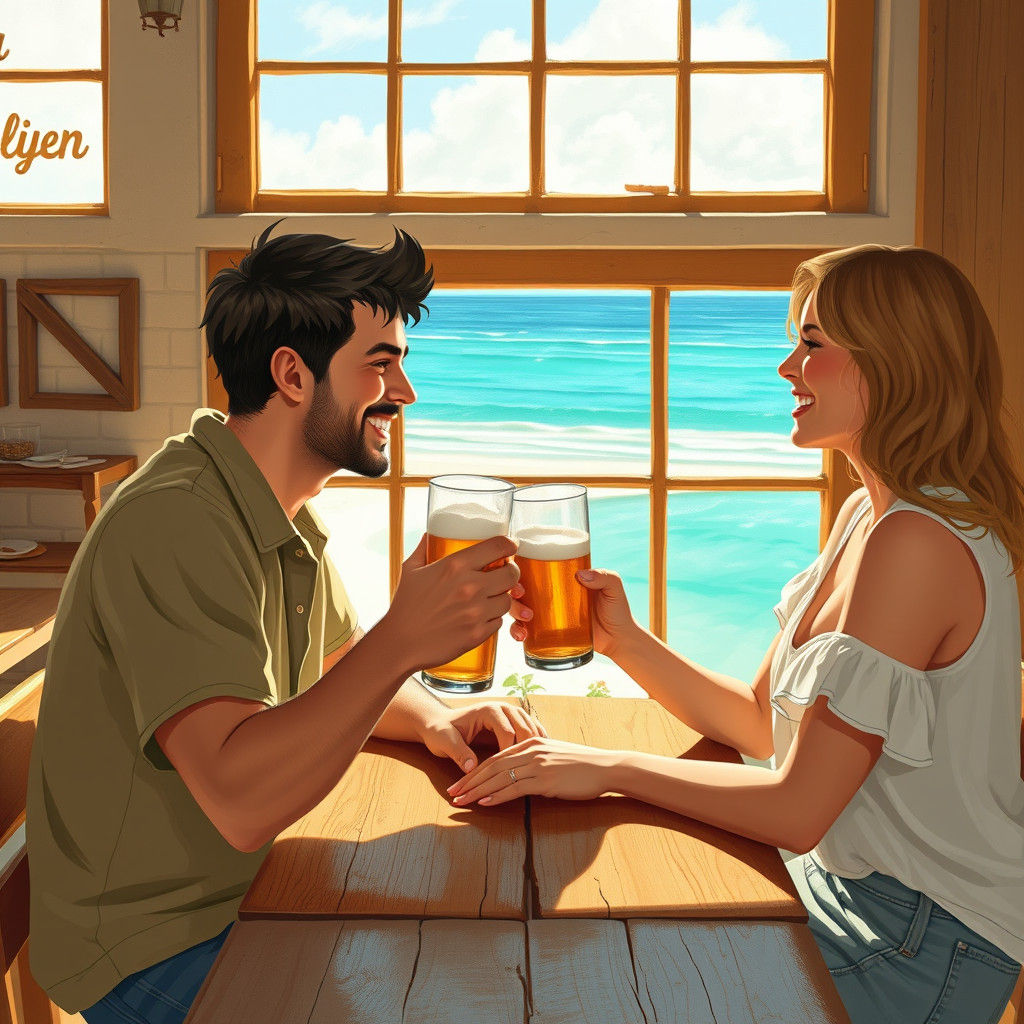 Beach Cafe Couple in Impressionistic Style