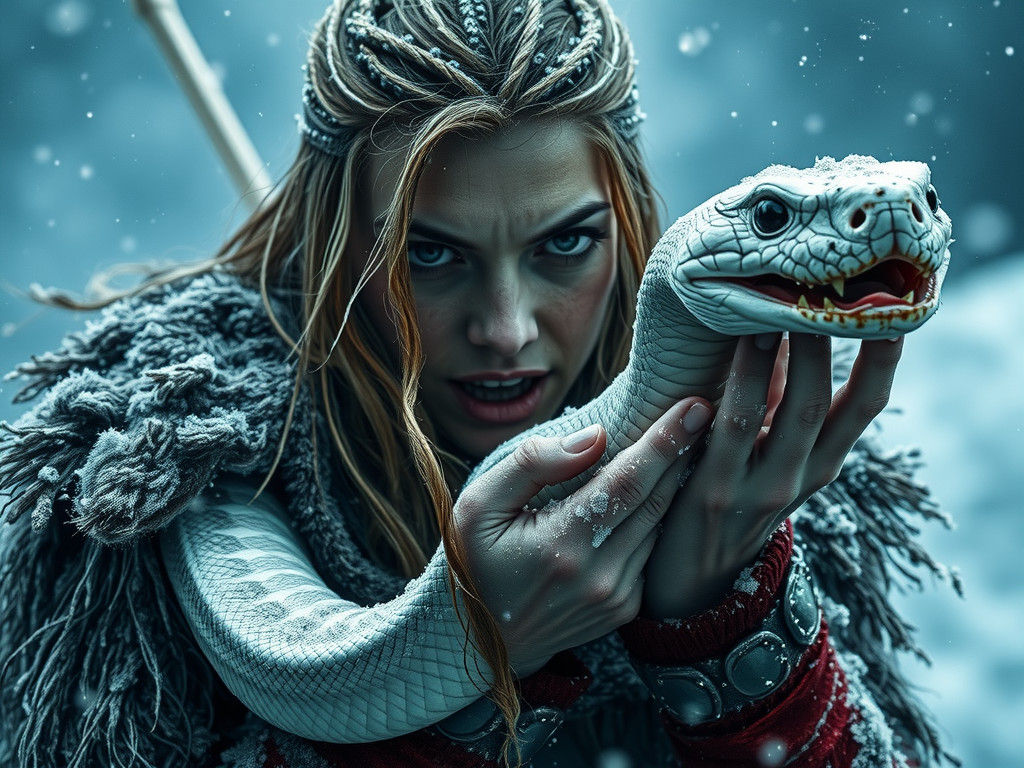 Viking Woman with White Snake in Snowstorm