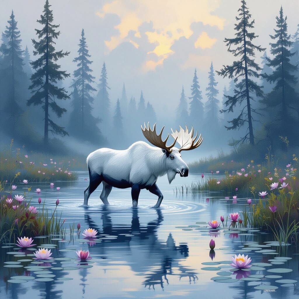 Ethereal White Moose in Misty Pond Landscape