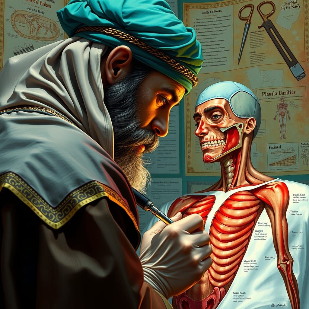 Ibn al-Nafis Examines Patient: Hyperrealistic Surgical Scene