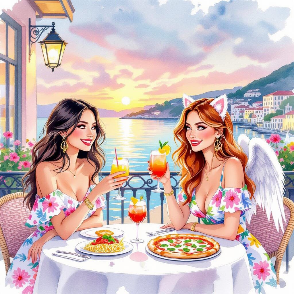 Serene Seaside Dinner with Tropical Drinks in Watercolor Sty...