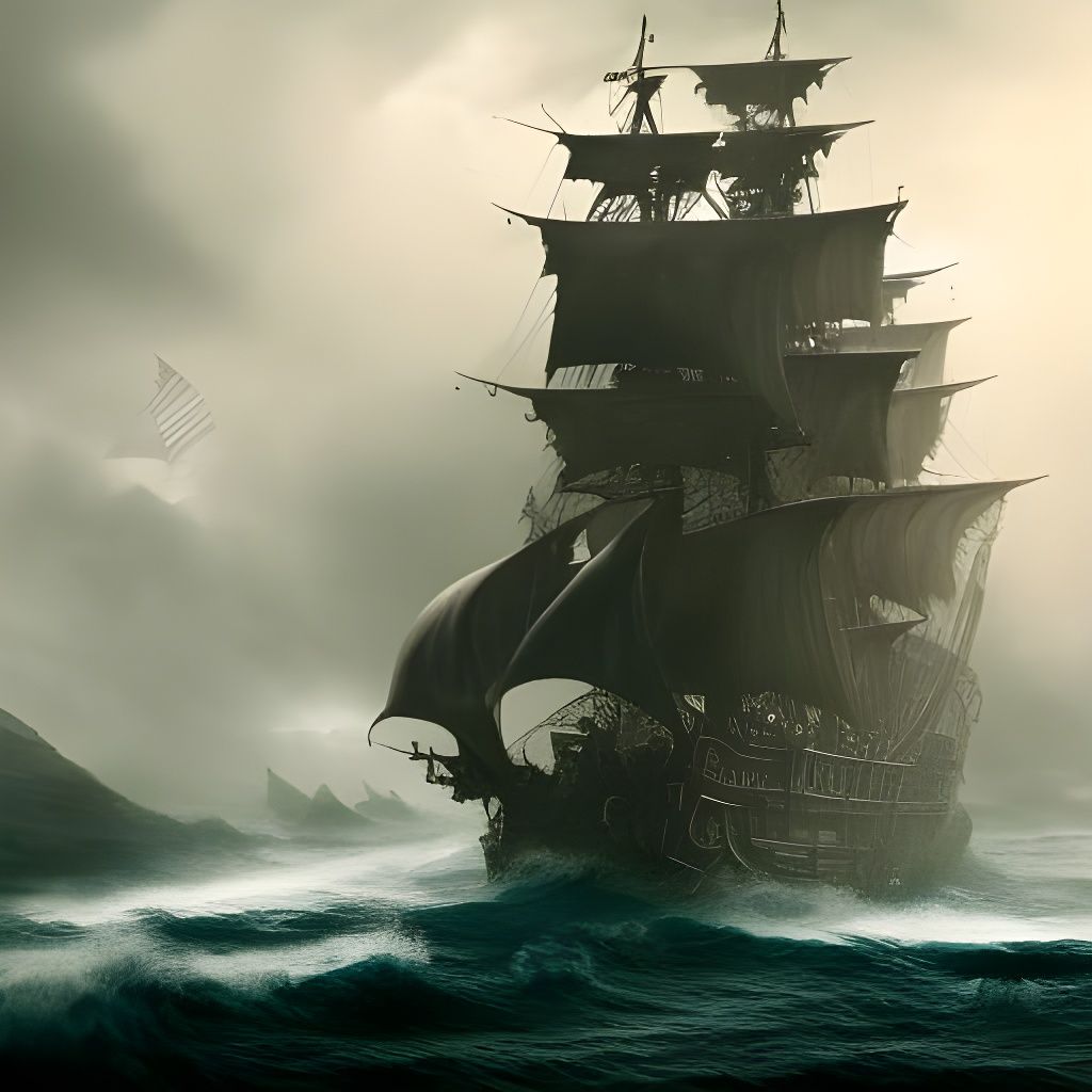 Pirate Ship Sailing Stormy Seas in Detailed Matte Painting