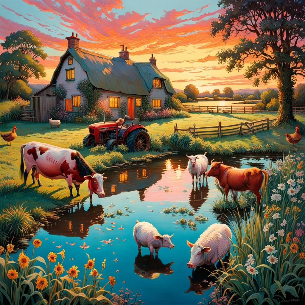 English Farmyard Scene at Sunset in Vibrant Colors