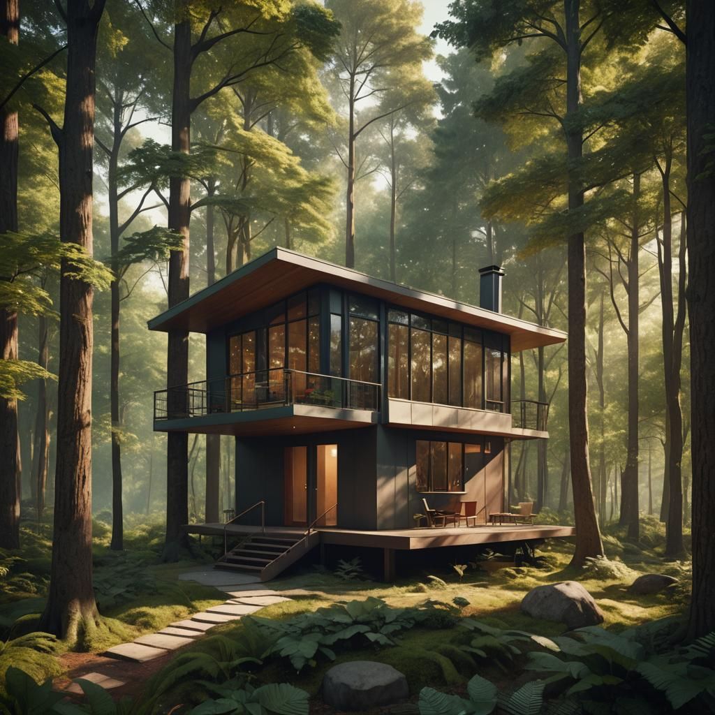 Bauhaus Cabin in Lush Forest: Fantasy Concept Art