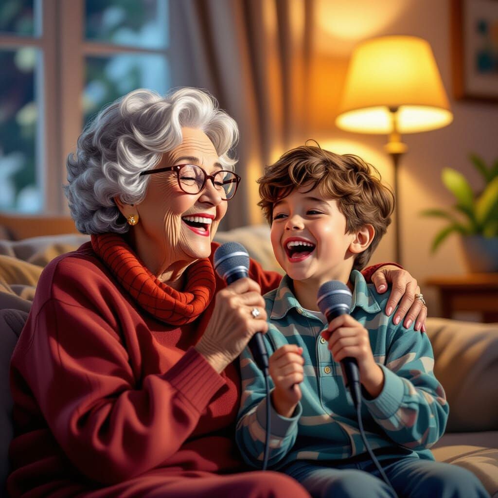 Grandma and Grandson Sing Karaoke Together in Comic Style